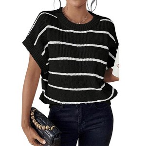 Women's Summer Short Sleeve Pullover Sweater Stripe Crew Neck Lightweight Ribbed Knit Casual Tops - 1 of 4