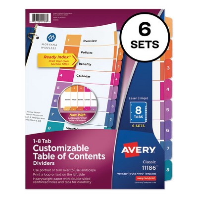 Avery Customizable TOC Ready Index Multicolor Tab Dividers, 8-Tab, 1 to 8, 11 x 8.5, White, Traditional Color Tabs, 6 Sets