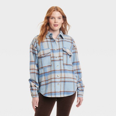 Mad Engine Juniors Bronco Plaid Shacket Womens Long Sleeve Oversized Button-Down Shirt | Blue | Juniors Medium | Shirts + Tops Button-Front Shirts