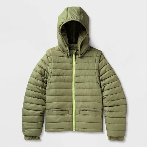 Детские куртки Cat & Jack Kids' Adaptive Hooded Puffer Jacket - Cat & Jack™ Olive Green S