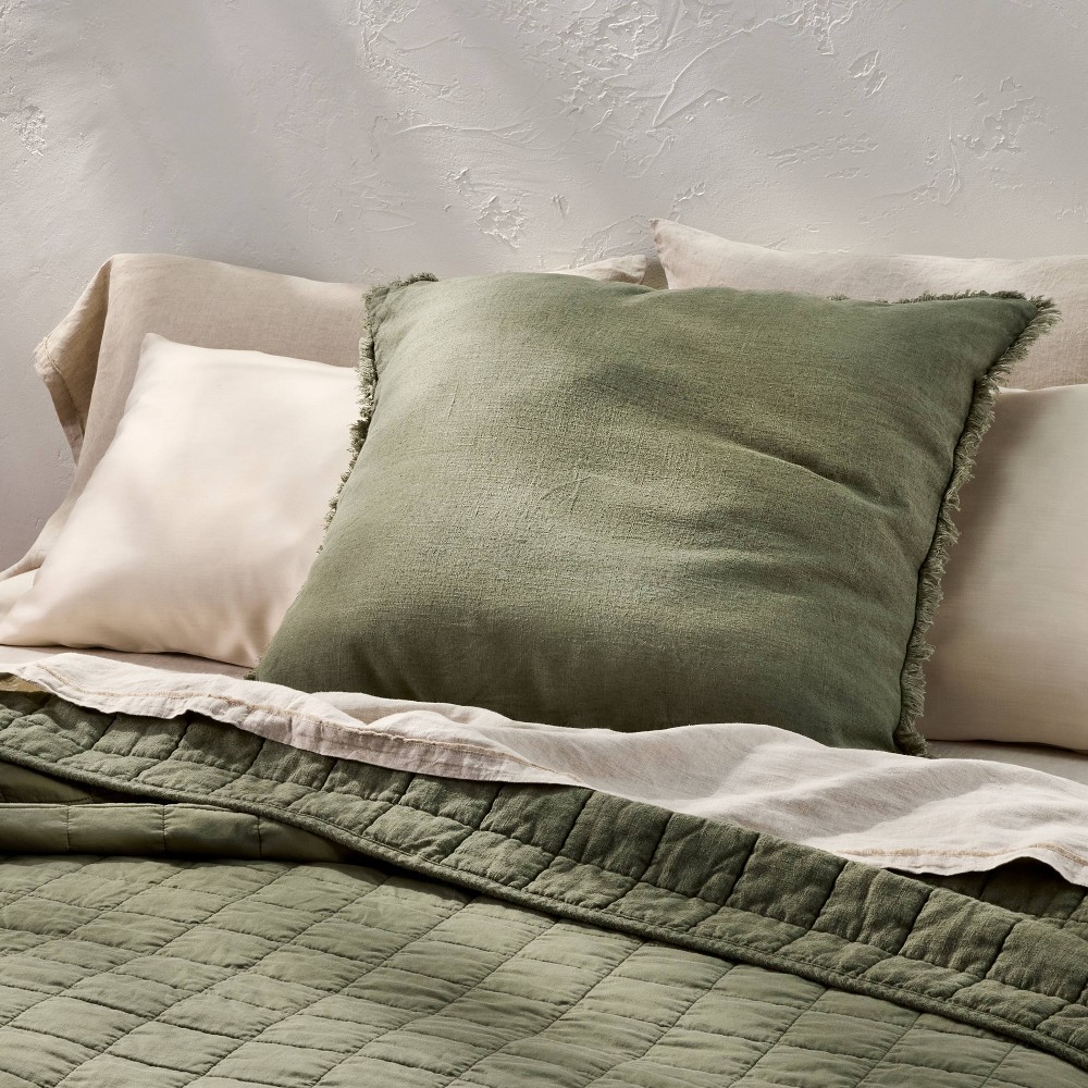 Photos - Pillow Euro Heavyweight Linen Blend Throw Decorative  Olive Green - Casaluna™