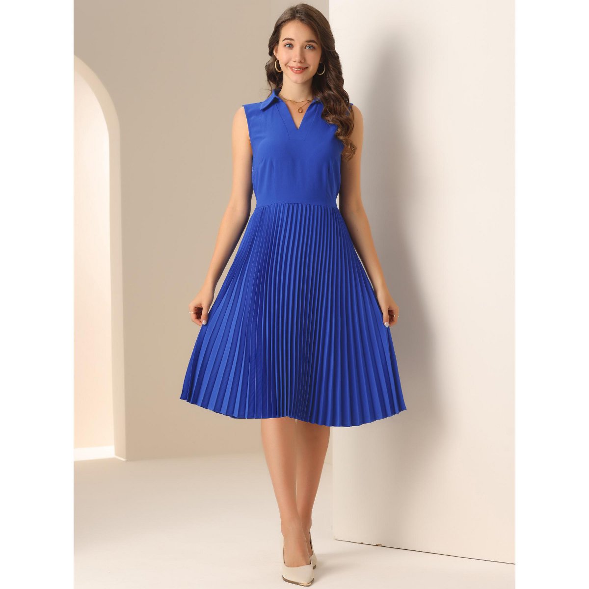 Женские платья INSPIRE CHIC Women's Collared Pleated V Neck Sleeveless Work Office Dress Blue Medium — фото 4