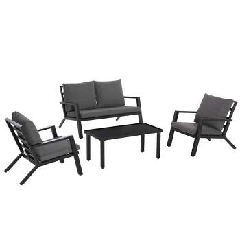 Outsunny 4 Piece Patio Furniture Set, Outdoor Conversation Set w/ Armchairs, Loveseat, Coffee Table and Cushions for Backyard, Poolside, Lawn