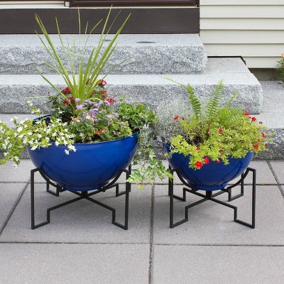 French Blue Galvanized Steel Planter Bowl with Black Wrought Iron Stand