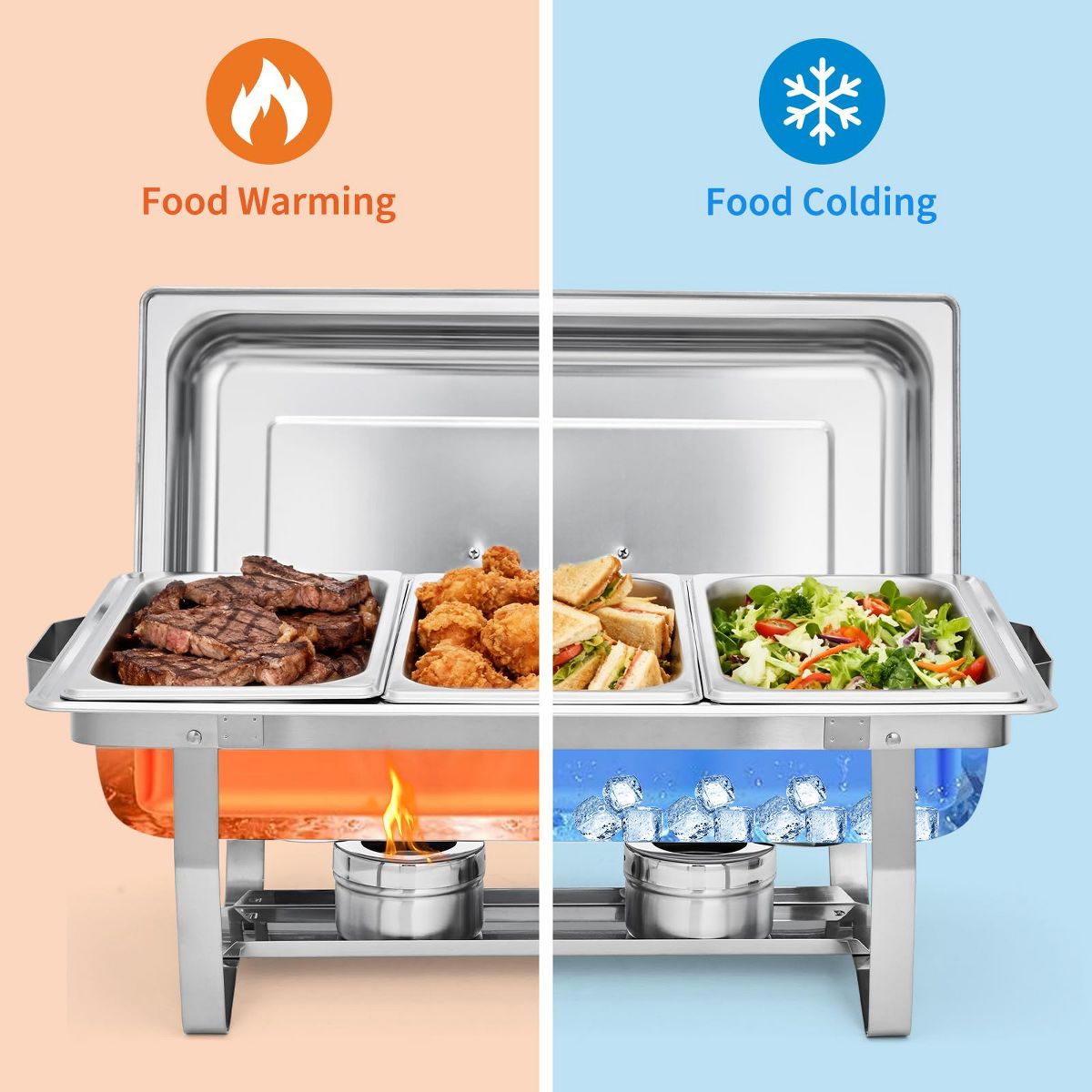 Professional Stainless Steel Chafing Dish Buffet Set, 3-Well Rectangular Food Warmer Trays for Catering & Weddings - thumbnail 5