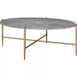 Coffee Table with Oval Marble Top and X Shaped Support Gray/Gold - Benzara