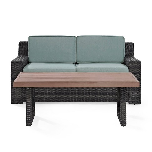 Beaufort 2pc Outdoor Wicker Chat Set - Mist - Crosley: Patio Furniture with Coffee Table & Cushions - image 1 of 4