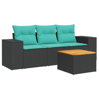 vidaXL 4 Piece Patio Sofa Set with Cushions Black Poly Rattan - Black and Blue