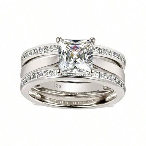 Princess Bridal Ring Set, Sterling Silver Wedding Band Guard, Size 6.5 - 1 of 4