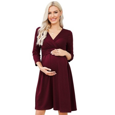 Maternity Dress V Neck Nursing 3/4 Sleeve A Line Party Midi Dress