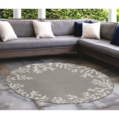 Hand-Tufted Coral Motif Indoor/Outdoor Round Rug in Silver