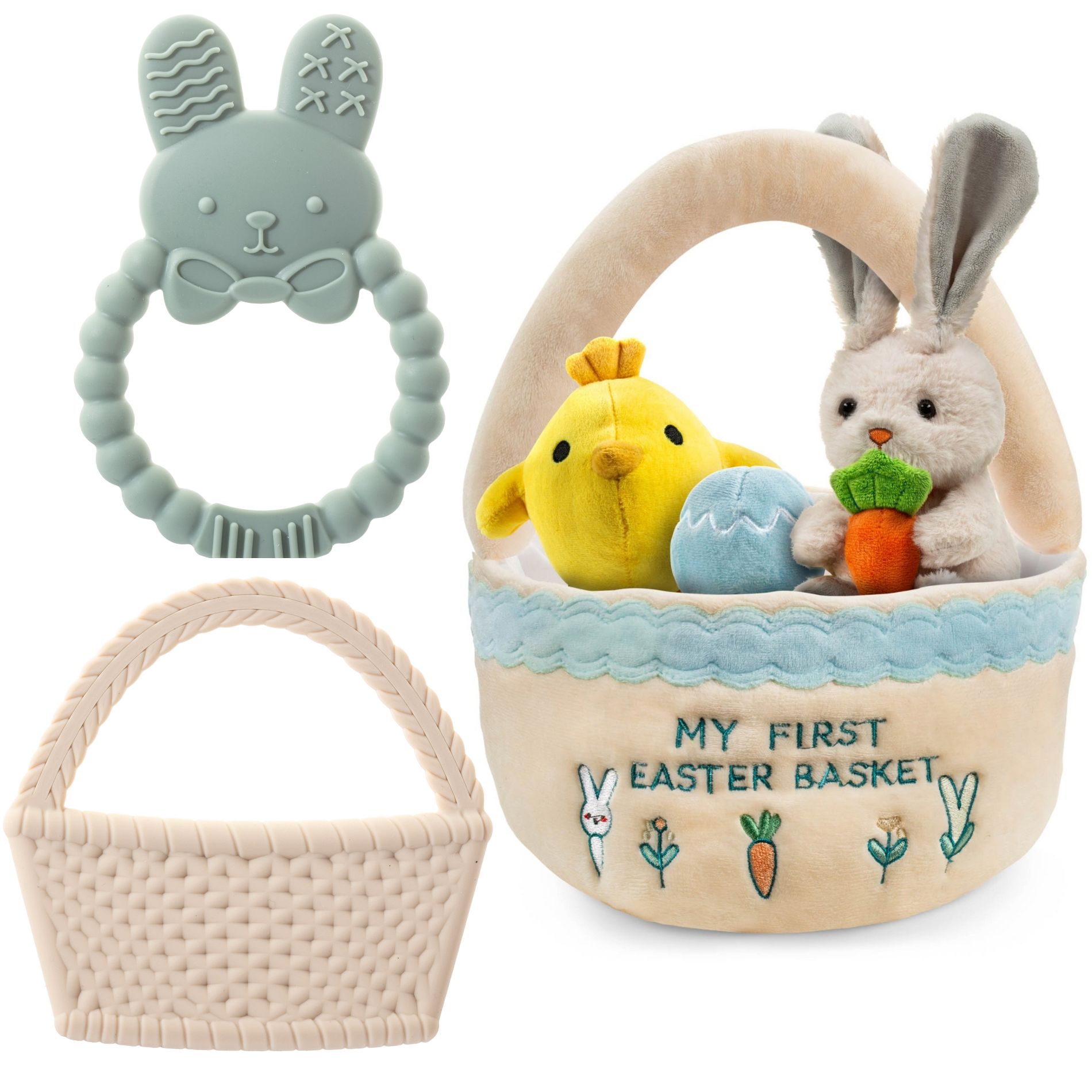 Easter Plush and Teether Baby Playset - Squeaky Bunny, Chicken, Easter Egg, Plush Toys and Silicone Teethers - Perfect Gift for Newborns and Babies