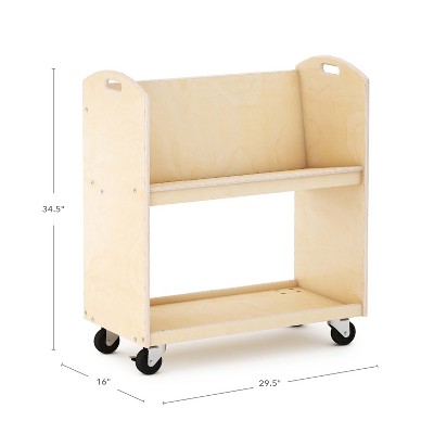 Natural Wooden Rolling Book Storage Cart with Two Shelves