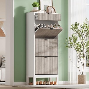 Shoe Cabinet Storage for Entryway, Freestanding Shoe Organizer with 3 Flip Fluted Doors and 1 Drawer - 1 of 4