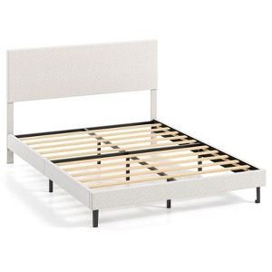 Costway Twin/Full/Queen Size Bed Frame with Height Adjustable Chevron Headboard, No Box Spring Needed Gray/Beige - 1 of 4