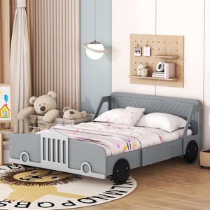 Twin White Car Bed for Kids, Car Shaped Platform Bed with Wheels, Headboard and Footboard, Toddler Car Bed Slat Support No Box Spring Needed - 1 of 4