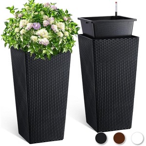 30” Tall Rattan Planter Set of 2,  Water Monitor, Wheels & 2 Trays, Large Indoor/Outdoor Pots for Patio, Porch, Living Room, Brown - 1 of 4