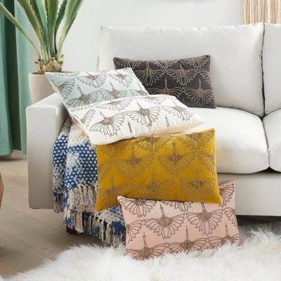 Blush Beaded Floral Cotton Lumbar Pillow 12"x20"