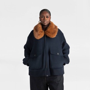 KBB by KAHLANA Women's 'The Faux Fur Collar Bomber' - Navy Blue/Teddy Brown - 1 of 3