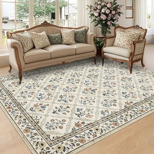 Machine Washable Area Rug Floral Printed Carpet Non Slip Stain Resistant Farmhouse Floor Cover Soft Low Pile Indoor Rugs for Bedroom Kitchen - 1 of 4