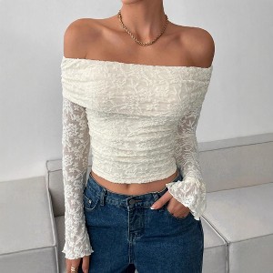 Women's Off-the-Shoulder Lace Long Sleeve Crop Top Floral Ruffled Blouse - 1 of 2