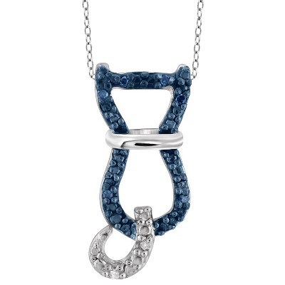 120 CT. T.W. Round-Cut Blue and White Diamond Pave Set Cat Pendant - White (18")