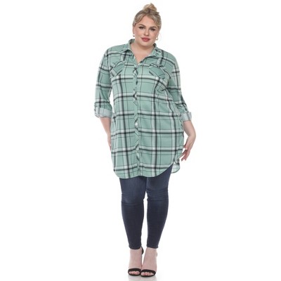 Women's Printed Plaid Roll Tab Tunic - White Mark