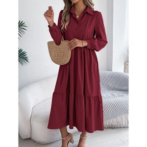 Women's Long Sleeve Dress Button Down A-Line Flowy Fall Outfits Ruffle Maxi Holiday Party Dresses - 1 of 4