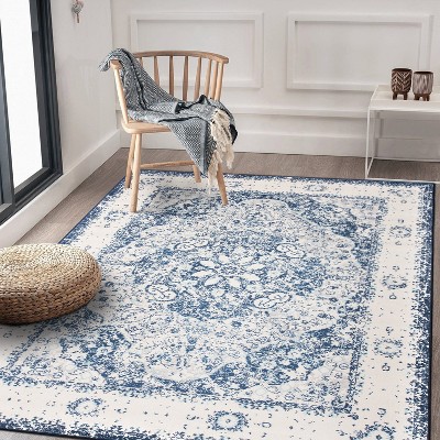 Reversible Medallion Blue Synthetic 5' x 7' Easy-Care Area Rug