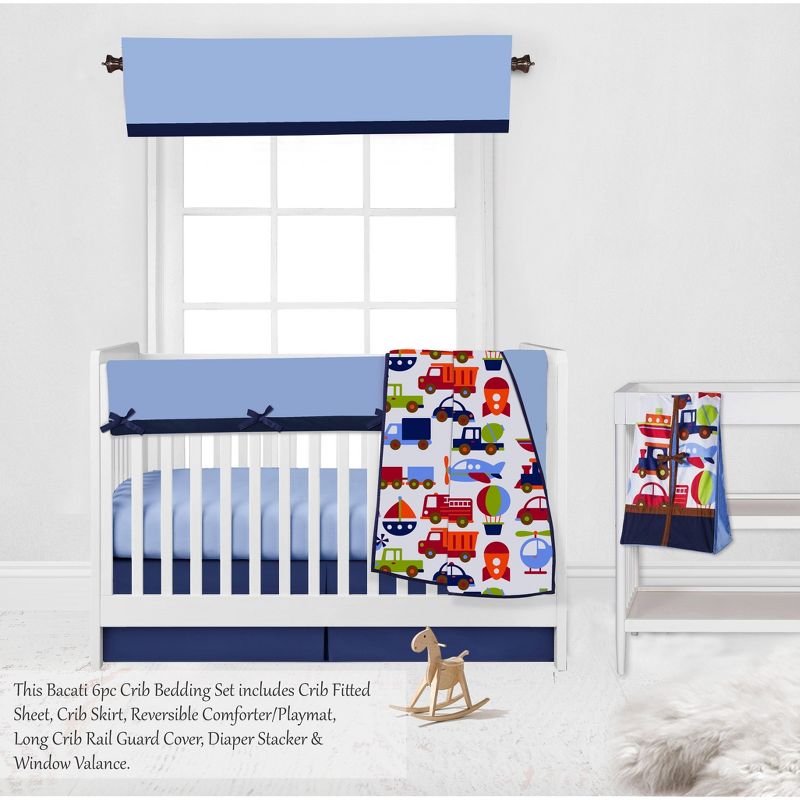 Bacati - Transportation Blue Navy Green Red Orange 6 pc Crib Bedding Set with Long Rail Guard Cover, 3 of 11