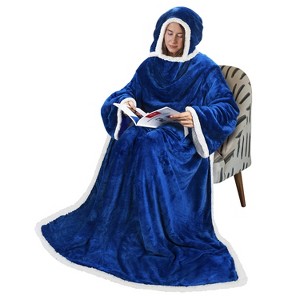 Tirrinia Fleece Hood Wearable Blanket for Adults, Comfy Warm Plush Throw with Sleeves TV Blanket Wrap Robe Hoodie Cover for Sofa, 72" x 55" - 1 of 4