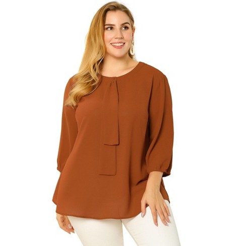 Agnes Orinda Women's Plus Size 3/4 Sleeves Round Neck Ruffle Chiffon Work  Blouse Caramel 1X