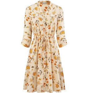 Hobemty Women's V-Neck 3/4 Sleeve Tie Waist Button-Down Floral Chiffon Dress - 1 of 4