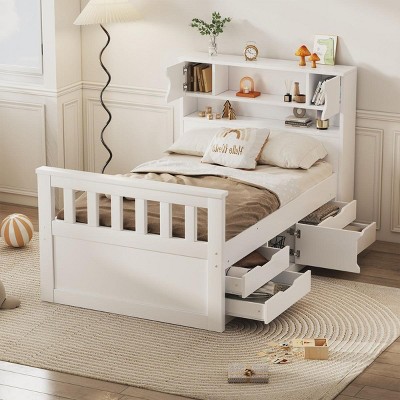 Streamdale Twin Size Captain Platform Bed Frame with Storage Bookcases and Shelves,Four Drawers,White