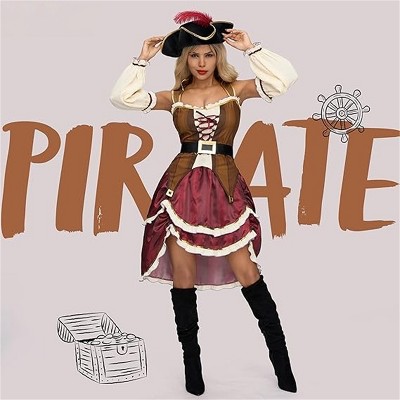 Joyfy Women Halloween Pirate Captain Costume Adult Brown Pirate Dress with Hat and Belt for Halloween Cosplay Party Decor