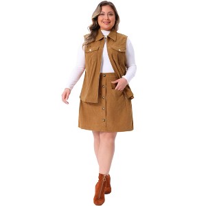 Agnes Orinda Women's Plus Size 2 Piece Corduroy Utility Vest and High Waist Button Front Mini A-Line Skirt Set with Pocket - 1 of 4