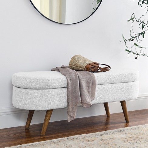 Beige Fur Footrest with Storage and Stable Wooden Legs