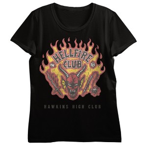 Juniors Stranger Things Tee - Hellfire Club, Demon with Weapons, Hawkins High Club on Black Tee - 1 of 3