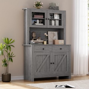 63'' Tall Kitchen Pantry Storage Cabinet with Microwave Stand, Drawers & Glass Doors, Farmhouse Hutch Cabinet Coffee Bar Station for Apartments - 1 of 4