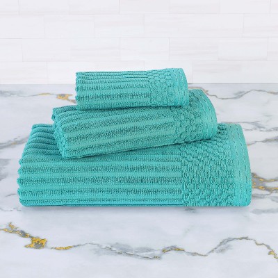 Turquoise Cotton Ribbed Checkered Border 3 Piece Towel Set
