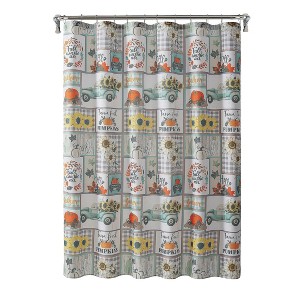 Kate Aurora Autumn Accents Plaid Patchwork Fall Pick Up Trucks & Pumpkin Patch Fabric Shower Curtain - Standard Size - 1 of 2