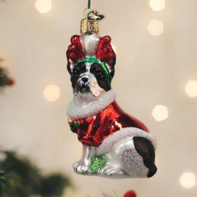Festive French Bulldog Glass Christmas Ornament