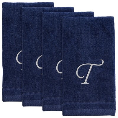 Creative Scents Navy Blue Fingertip Monogrammed Towels White Embroidered