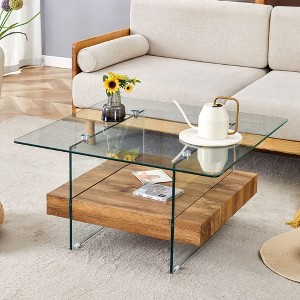 NicBex Modern 2-Tier Square Coffee Table with Storage, Clear Tempered Glass Top & Texture Open Shelf,Center Table for Living Room - 1 of 4