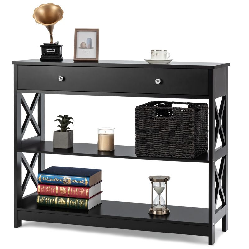 Tangkula Console Table Narrow Entry Table w/ Drawer & Shelves Sofa Table Black/White, 5 of 7