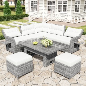 CAVINAS Outdoor Sofa Set, Rattan Outdoor Patio Furniture Set with Retractable Side Table, Modern Patio Conversation Sets for Garden - 1 of 4