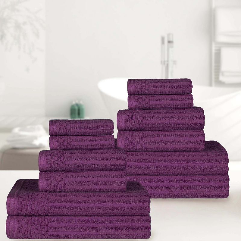 Plush Cotton Ribbed Checkered Border Medium Weight Towel Set by Blue Nile Mills, 3 of 9