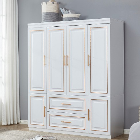 Livelylodge 74" Tall Freestanding 4-Doors 2-Drawers Wooden Wardrobe Armoire - White - image 1 of 4