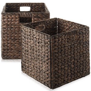 Casafield 13" x 13" Water Hyacinth Storage Baskets - Set of 2 Collapsible Cubes, Woven Bin Organizers for Bathroom, Bedroom, Laundry, Pantry - 1 of 4