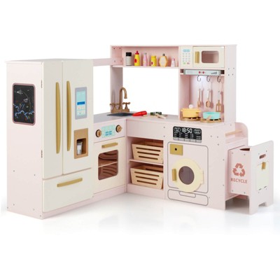 Costway Corner Play Kitchen with Lights & Sounds Wooden Toy Kitchen Set Storage for Ages 3+ Beige/Brown/Pink